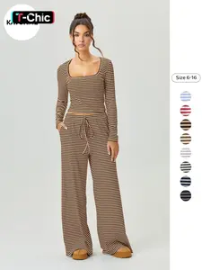 Women's Slouchy Square Neck Stripe Long Sleeve Crop Top & Low-Rise Wide Leg Trousers Co-ord