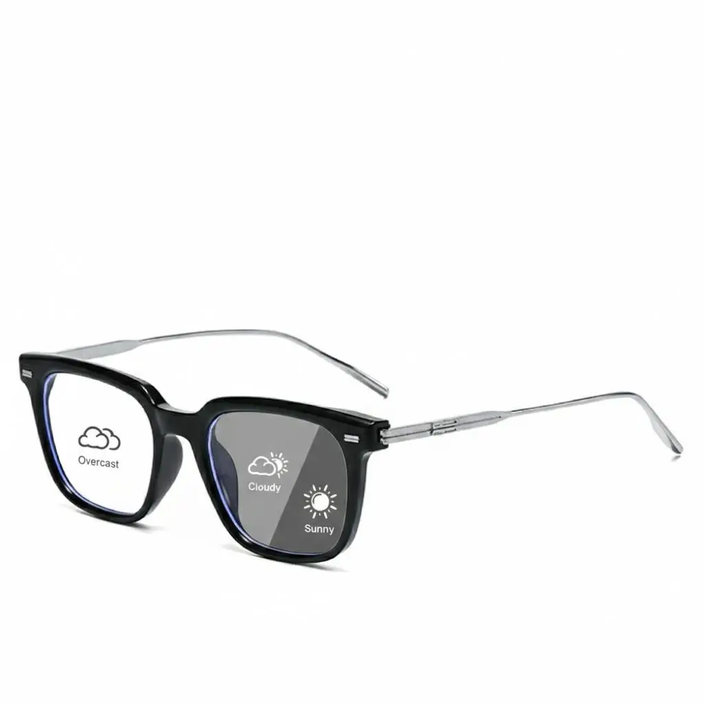 Lyrasses 2.0Horizontal line Black Photochromic Square Eyeglasses | Anti-Blue Light & Anti-Eye Fatigue | Blue Light Blocking Lens | Trendy Unisex Fashion Frame | Lightweight Daily Wear | Perfect Gift Choice