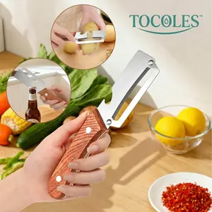 2-in-1 Vegetable & Fruit Peeler with Stainless Steel Blade and Bottle Opener, Wooden Handle Kitchen Tool for Potatoes, Apples, Zucchini, Papaya & Pumpkin