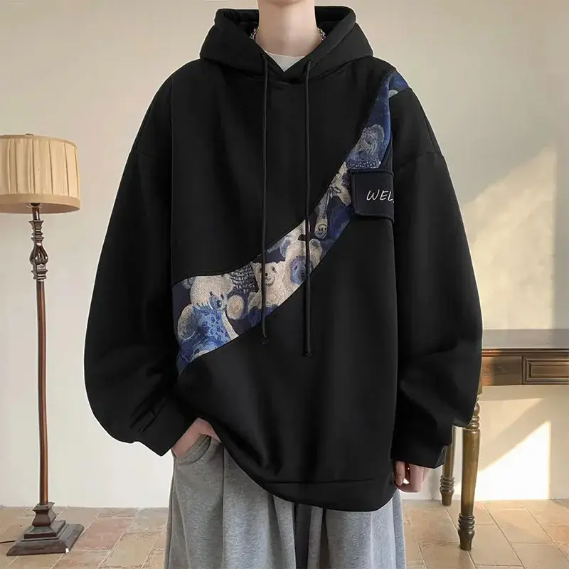 2025 Men Hoodies Harajuku Style Embroidery Pattern Bear Unisex Hoodie Loose Couple's Pullover Hooded Baggy Male Sweatshirt