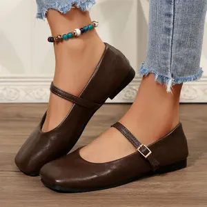 Women's Flats Low Heel Buckle Strap Dress Ballet Shoes Square Toe Indoor Outdoor Shoes