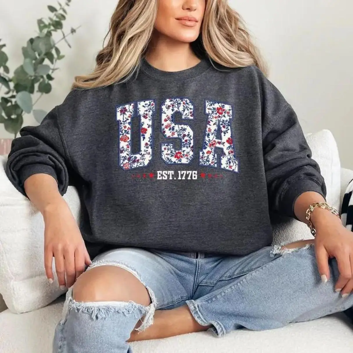 Floral USA sweatshirt for women, American girl style, USA est. 1776 design, girly Fourth of July patriotic shirt with cute flower details inside vibe wear, Easy Care, Machine Wash Safe, Full Color Range, Find Your Perfect Shade