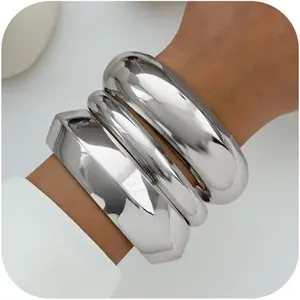 Chunky Gold Bangle Bracelets for Women Stack Wide Wrist Silver Cuff Bracelet Fashion Statement Jewelry Gift Accessories