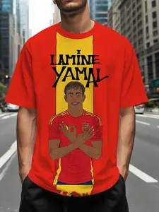 Men's Yarmal Spanish Print T-Shirt, Football Street Style Round Neck Short Sleeve Top, Loose-Fitting, All Seasons