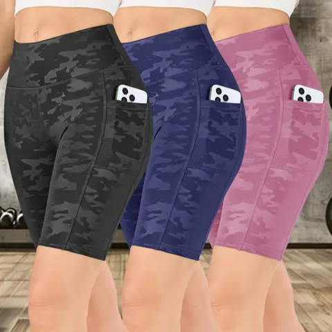 Women's Camo Print Stretch Gym Athletic Fitness with Side Pockets, Breathable Comfortable Activewear Shorts Workout Clothes Women for Indoor and Outdoor Workouts