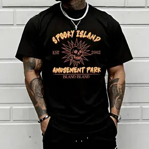 Men’s “Spooky Island Amusement Park” retro skull graphic T-shirt, vintage 2002-inspired tee, casual crew neck, perfect for horror fans, streetwear, and everyday casual outfits