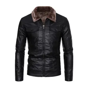 Men's Autumn Winter PU Leather Motorcycle Jacket Faux Fur Lined Slim Fit Lapel Collar Thickened Fleece-Lined for Casual & Motorcycle Rides