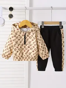 Ready Stock 6M-3Y Boys sets pattern print  long sleeves hoodies zipper tops and pants Apricot 2pcs for Spring&Autumn 12410069