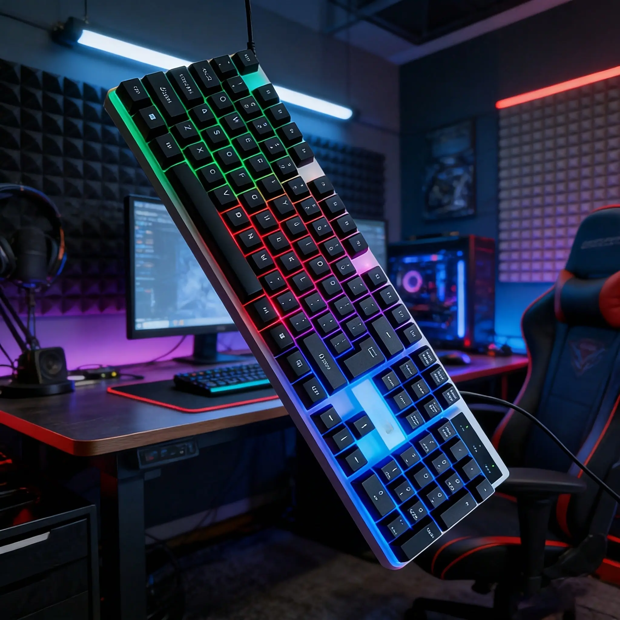 Vibrant RGB Rainbow Backlit Wired USB Keyboard, Full Size 104 Keys Ergonomic Quiet Typing Keyboard, Plug & Play Universal Computer Keyboard for Desktop Laptop, Ideal for Gaming, Office Business, Home Student Daily Use