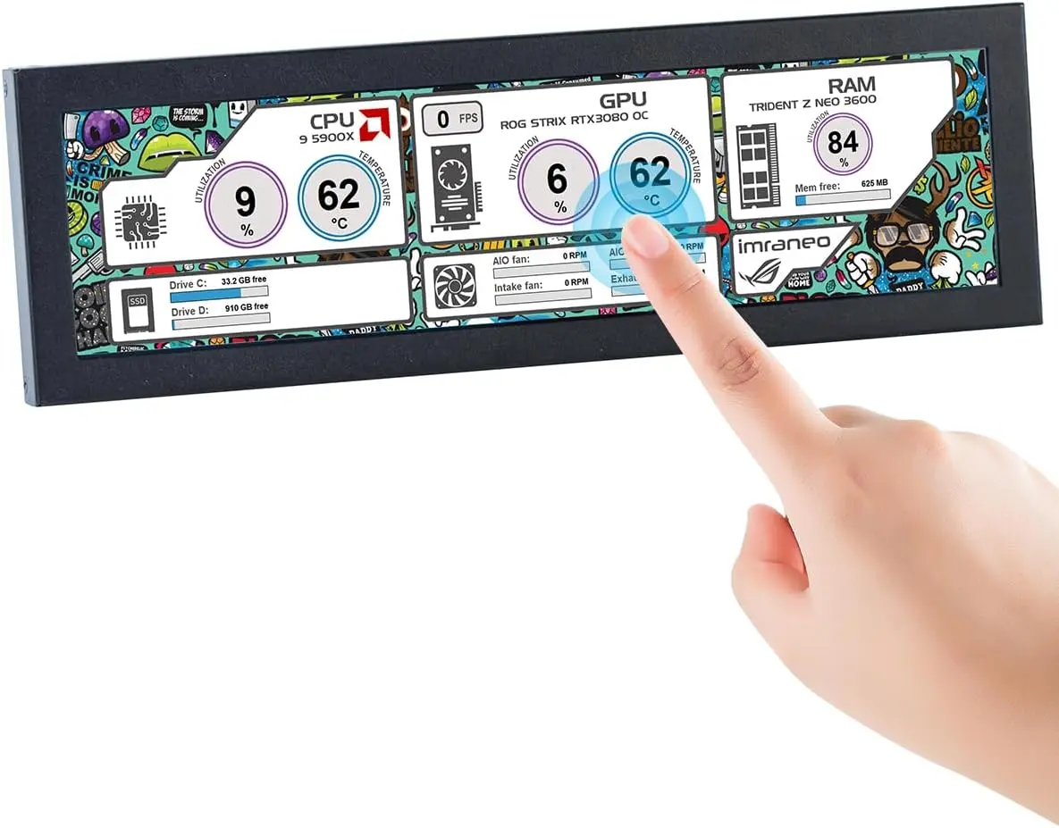 8.8-Inch Touchscreen Secondary Computer Monitor, 1920x480 FHD IPS LCD Display for PC Case AIDA64 CPU/GPU Temperature Tracking & Raspberry Pi Compatibility