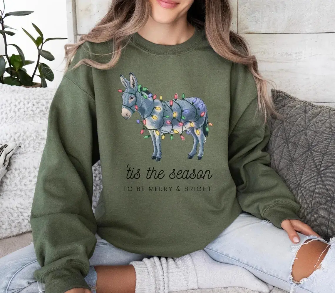 Donkey in Christmas Lights Sweatshirt, festive Christmas, festive holiday design, Xmas Sweater, holiday season, farm animals