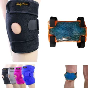 Kid's Knee Brace Support Plus Hot and Cold Ice gel Pack for stabilizing patella meniscus tear ligament injury prevention (SPORTY BLACK)