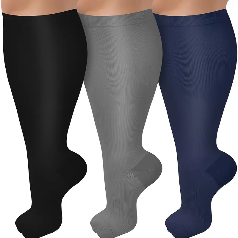 Athletic Compression Socks for Adults, 3 Pairs Plus Size Knee-High Design, Solid Black with 20-30mmHg Support for Extra Wide Calves, Athletic Socks