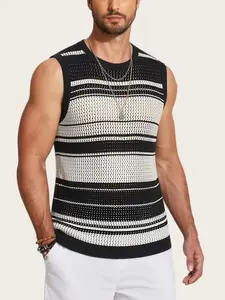 Men's black and white striped cut-out knitted vest, American vintage vest, street-style men's clothing, mesh breathable design, suitable for summer outfits, suitable for occasions such as gym, sports and leisure