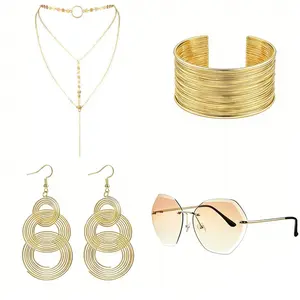 4Pack Disco Costume Accessory Set - 70s Accessories Including Earrings, Bracelets, Necklace, and Sunglasses (Gold)- Home Improvement.