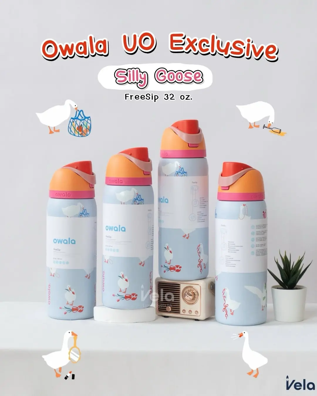 Owala x UO Exclusive Silly Goose FreeSip 32 oz Water Bottle – Cute Goose Print Blue Edition, Insulated Stainless Steel, Built-In Straw, Leak Resistant, Reusable Sports Travel Bottle, Fun Gift for Goose Lovers