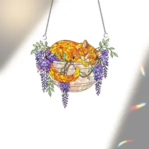 Orange Cat with Wisteria Flowers Hologram Ornament, Sleeping Orange Cat ACRYLIC Hanging Window Decor, Wisteria Floral Art , Cat Lover Gift