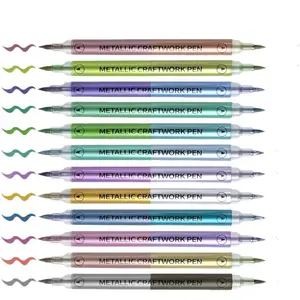 12Pcs 24 Colors Dual Tip Highlighter Metal Marker Pen Soft Brush Nib Dual Brush Pens Oil-Based Permanent Markers DIY Craft Card Invitation Writing Pen
