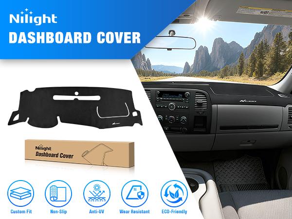 Nilight Dash Cover for 2007‑2013 Chevy Silverado / GMC Sierra 1500 2500 3500, Suede Dashboard Mat Sunshade Glare Dashboard Protector Truck Interior Accessories Black