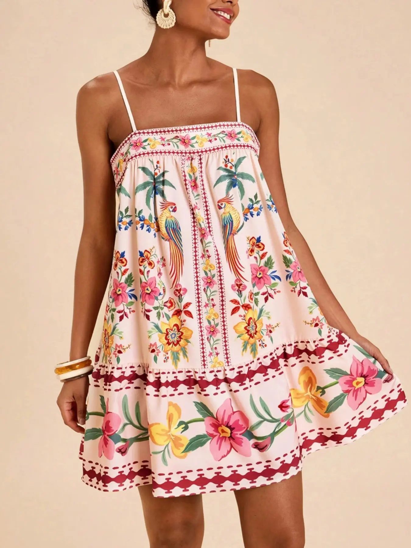 Tropical Print Thin Strap Breathable Lightweight A-Line Bohemian Beach Vacation Dress for Women, Summer Boho Holiday Dress with Floral Pattern, Casual Style for Daily Wear