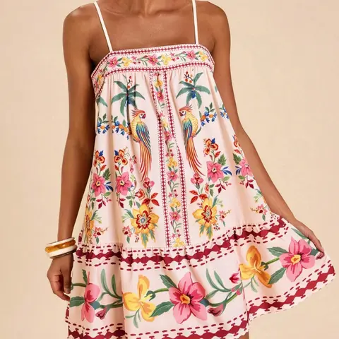 Tropical Print Thin Strap Breathable Lightweight A-Line Bohemian Beach Vacation Dress for Women, Summer Boho Holiday Dress with Floral Pattern for Daily Wear, Boho Beach Sundresses