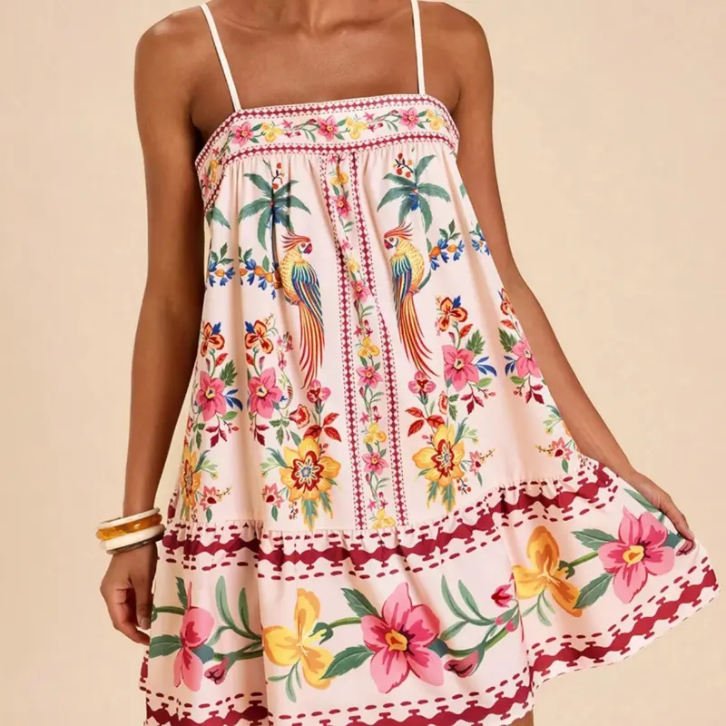 Tropical Print Thin Strap Breathable Lightweight A-Line Bohemian Beach Vacation Dress for Women, Summer Boho Holiday Dress with Floral Pattern for Daily Wear, Boho Beach Sundresses