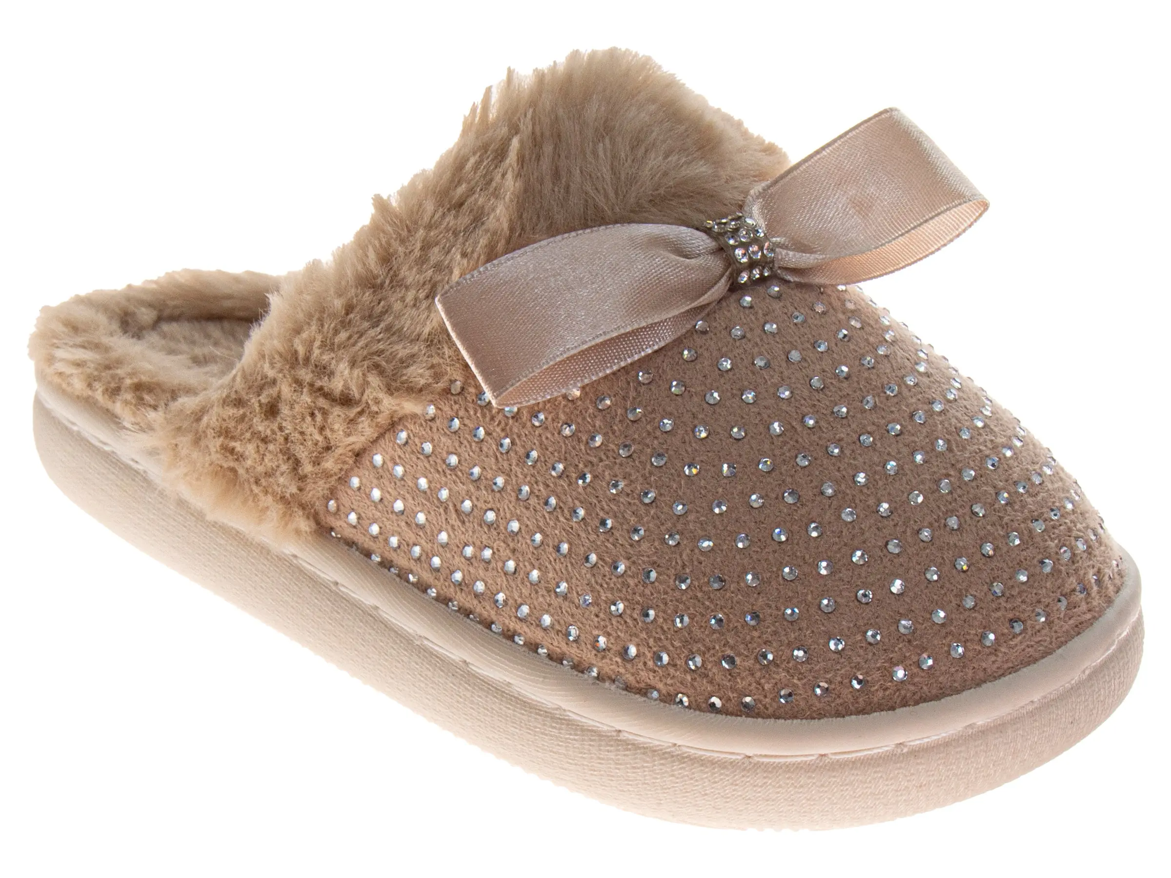 Badgley Mischka Elegant Rhinestone Slide Slippers for Women - Padded Fur House Footwear for Adults, Soft, Luxury