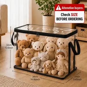 SummerVibes Stuffed Animal Storage PVC Organizer Bag Doll Storage Container Dustproof Box with Carrying Handle for Playroom Living Room Children's Birth, Black