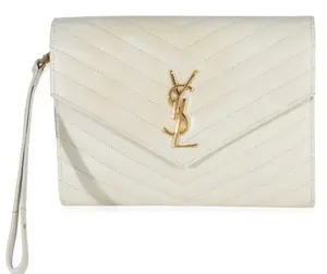 Pre-owned Yves Saint Laurent leather Clutches & Wristlets Saint Laurent Cream Soft Grain De Poudre Triquilt Monogram Clutch