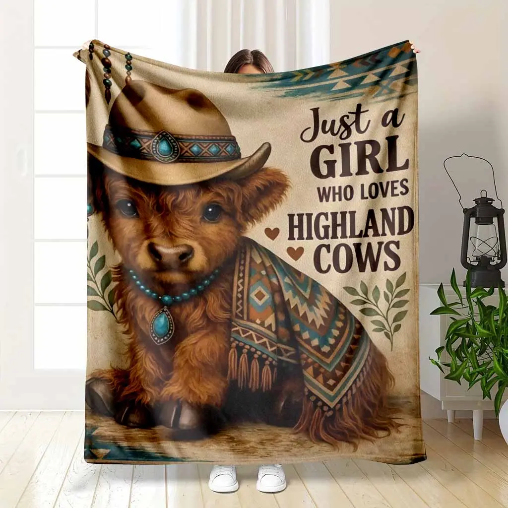 Boho Highland Cow Flannel Soft Woven Western Blanket - Cowgirl Print, Office Nap AC Use, Farmhouse Style Home Decor, Ideal Blanket Gifts for Holidays, Sofa Bedroom Living Room Accent, Soft Woven Blanket