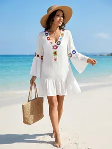 Women's Bohemian Crochet Bikini Cover-Up, V Neck Bell Sleeve Ruffle Hem Summer Beach Mini Dress, Casual Fashion Swimwear Outerwear