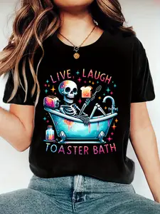 Women's Halloween Skeleton Man Print Casual Summer T-Shirt, Crew Neck Short Sleeve Top, Lightweight & Comfortable Style