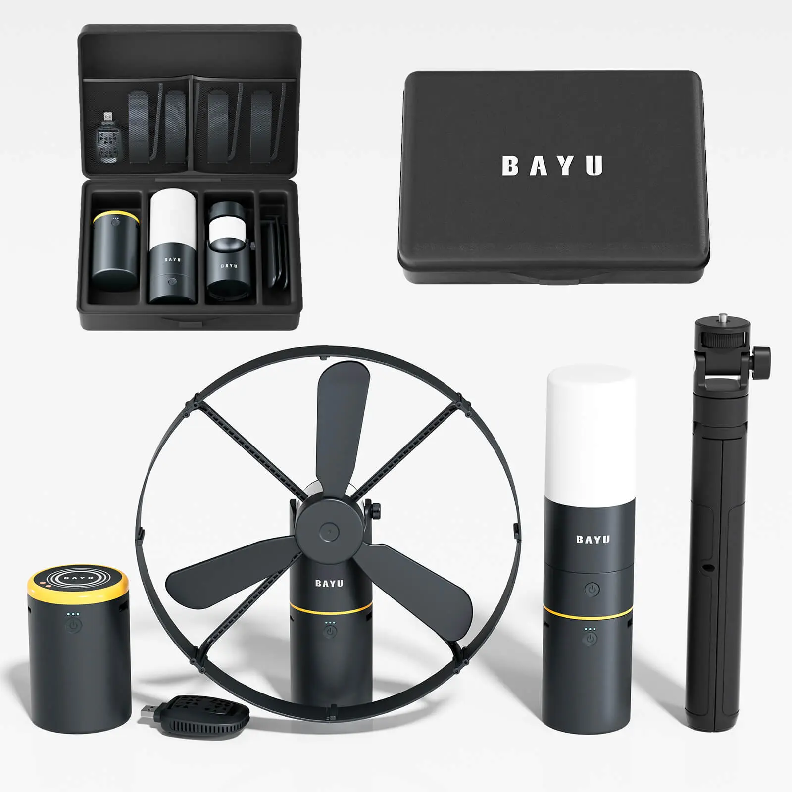 BAYU 4 in 1 Rechargeable Outdoor Torch, LED Flashlight, Outdoor Camping Fan, 15000mAh Portable Wireless Charger, Mosquito Killer & Tripod