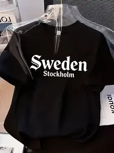 Sweden Stockholm Letter Print Womens Crew Neck Short Sleeve T Shirt Top Womenswear Three Colors Available Nordic Retro Style Loose Fit Soft Breathable Casual Versatile For Daily Commute And Travel