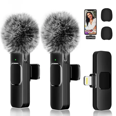 2pcs Professional Wireless Lavalier Lapel Microphones - Bluetooth-Free Omnidirectional Condenser Audio Mics with Lightning Port for iOS Smartphone, Handheld Device, Tablet, 65ft Range, 6-Hr Runtime, Built-In Bat., Device-Powered