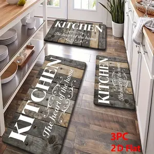 2/3pcs Soft Flannel Kitchen Mat Set, Vintage Wood Board Design, Non-Slip Bottom, Absorbent, Rustic Farmhouse Style