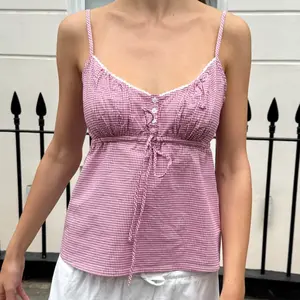 Women's Plaid Button Decor Lace Trim V Neck Babydoll Tank Tops Sleeveless Open Back Summer Cute Peplum Cami Going Out Tops Camisole Casual Blouse Shirt
