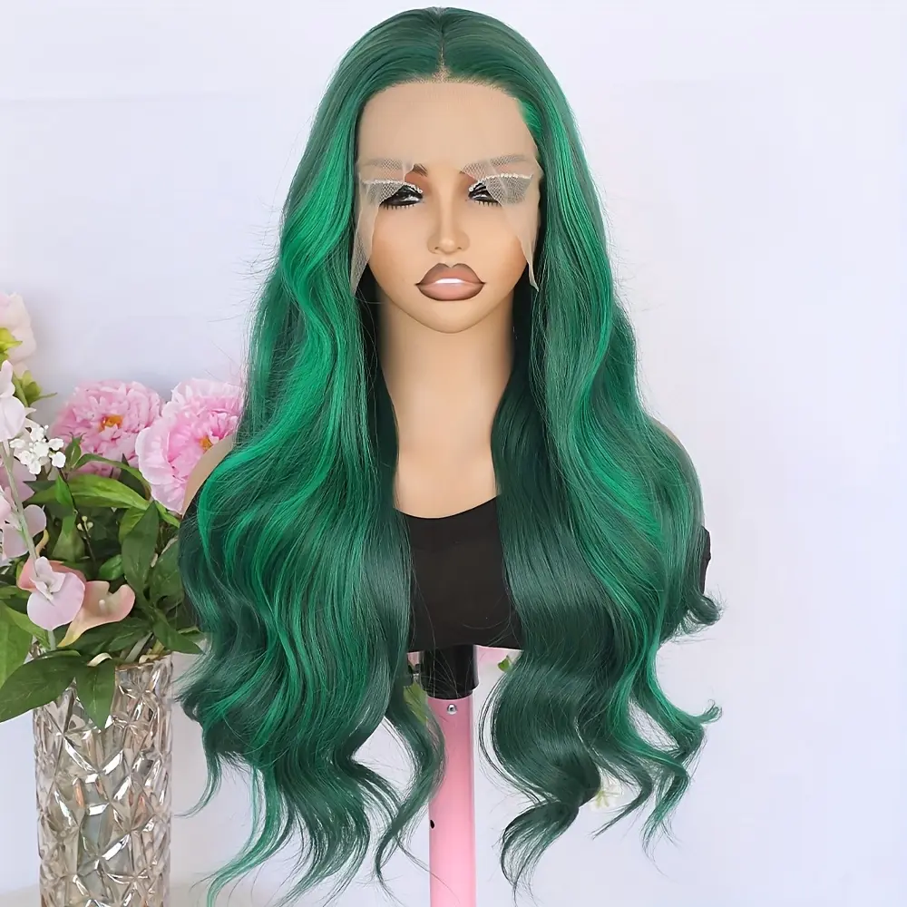 Curly Wave Lace Front Wig for Women, Green Highlight Heat Resistant Synthetic Hair, 180% Density Glueless Design with Pre-Plucked Hairline for Daily Wear, Female