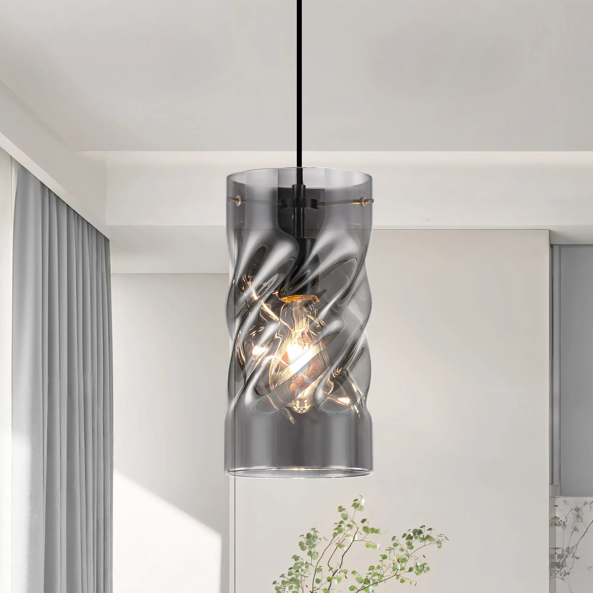 5.9in Pendant Light Smoked Grey Twisted Glass (1Pack), bar pendant light for Kitchen Island
