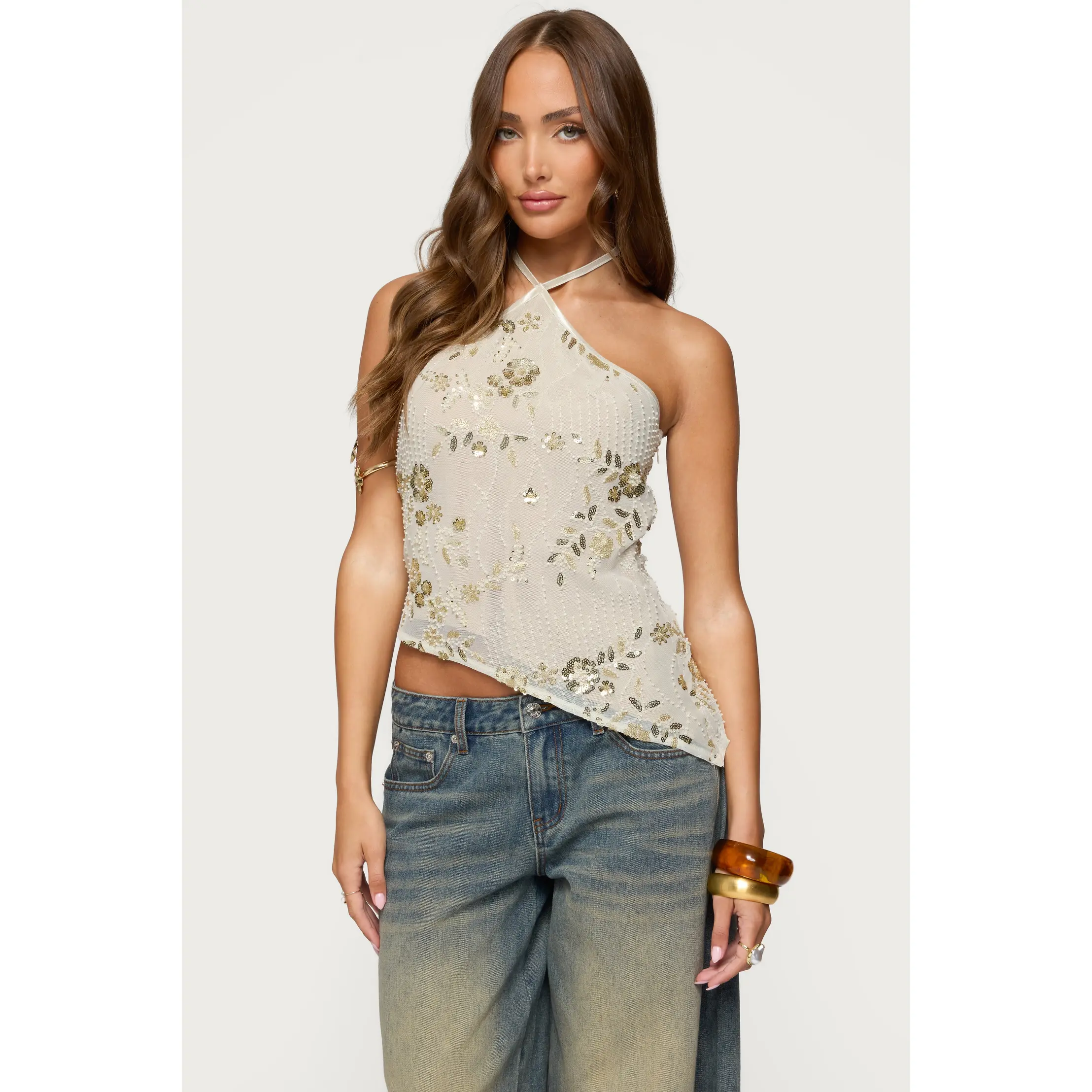 Beaded Sequin Asymmetric Halter Top