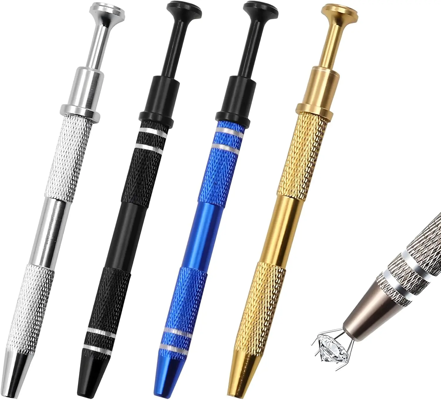 Stainless Steel 4-Piece Multi-Use Jeweler’s Pick Up Tool Set - 4-Claw Sprinkle Pen, Piercing Ball Grabber, Diamond Claw Tweezers, 4.5in/11.5cm, Anti-Slip Handle, Compact Size Clay/Ceramics Tool for DIY Craft, Jewelry Repair, Earring Removal