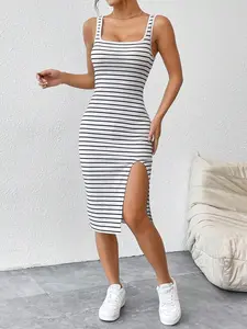 Women's Summer Polyester Casual Striped Sleeveless Tank Dress, Casual Wear with Side Split, Flattering Fit Soft Fabric