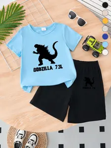 Summer Boys' T-Shirt Short Sleeve + Loose Shorts Set, Outfit, Godzilla Silhouette Design, Casual Superhero Clothing, Perfect Gift for Kids