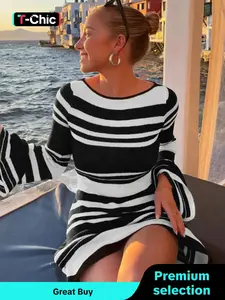 Women's Striped Print Backless Tie Back Viscose Knitted Sweater Dress, Long Sleeve Crew Neck Dress For Spring & Fall, Fashion Casual Women's Clothes For Daily Wear, Summer Outfits 2024