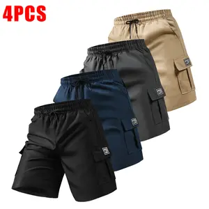 4PCS Men’s Summer Casual Cargo Shorts – Elastic waistband drawstring design, multiple pockets, letter appliqué pattern, regular fit with mid-to-high rise, non-stretch fabric; suitable for everyday wear and casual activities; not see-through material; mens