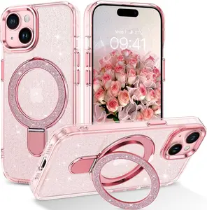 HISTORYOO Bling Glitter For MagSafe Magnetic Stand Case For iPhone 17 Pro Max 16 15 14 Plus 13 12 11 pro Sparkling Shockproof Luxury Metal Ring Kickstand Transparent Clear Sparkly Hybrid Cover