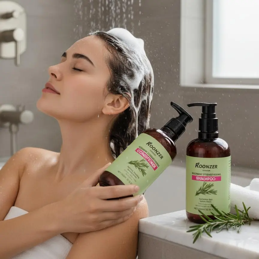 2pcs Rosemary shampoo conditioner set 300ML*2 bottles containing olive oil, ginger root oil, citric acid, coconut oil and other natural ingredients to soothe and relax, increase luster and supple moisturizing unisex family set