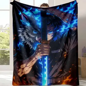 Demon Slayer Flannel Blanket, Inosuke Hashibira Sword Anime Print, Ultra Soft, Lightweight, Warm and Cozy, Perfect for Sofa, Bed, Living Room, Bedroom, Dorm, Travel, Gifts, Home Decoration, Anime Lovers. Ultra Soft No Shed Cozy Throw Blanket for Couch