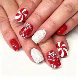 24 PCS Christmas Press On Snowflake Nails - White, Glitter, Full Cover, False Nails With Red & White Stripes Designs - Xmas Artificial Nails for WomenPress on Nails Red Fake Nails Short Christmas Snowflake Glossy Winter Stick on Nails Square Shape