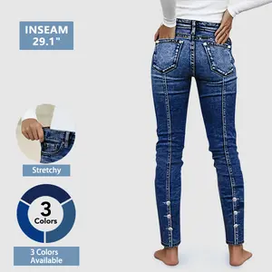 Flamingals Button Side Stitch Detail Mid Waist Skinny Jeans Womenswear